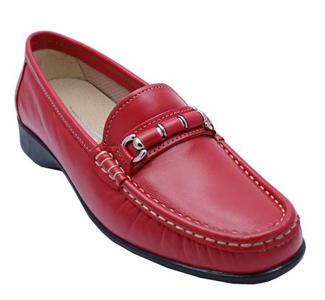 Womens Red Genuine Leather Cotswold Comfort Loafers Slip On Casual