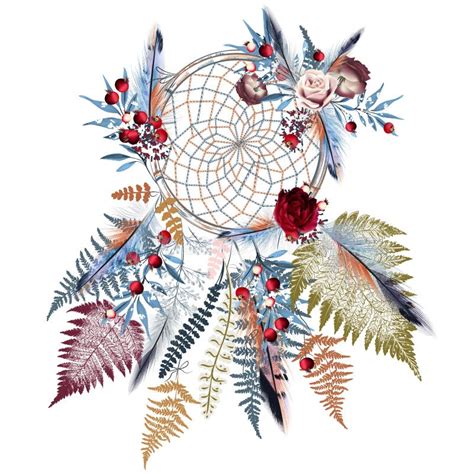 Boho Vector Fashion Illustration With Dreamcatcher Colorful Feathers Fern Leaves Berries