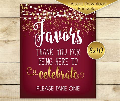 Party Favors 8x10 Printable Table Sign Burgundy Wine Garland Lights