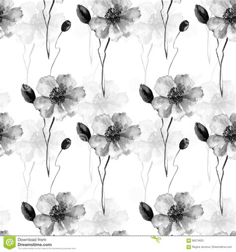 Monochrome Seamless Pattern With Poppy And Gerbera Flowers Stock