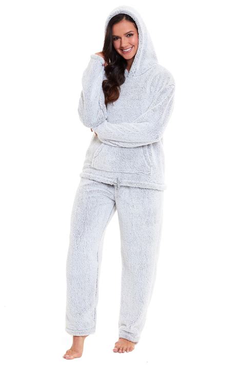 Womens Hooded Pyjamas Super Soft Fleece Plush Hooded Ladies Pjs Pyjama