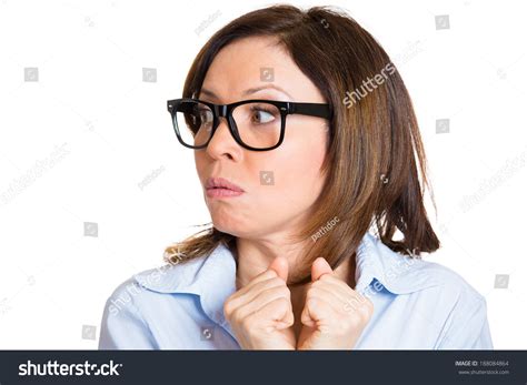 Closeup Portrait Mature Nerdy Looking Woman With Black Glasses Very Timid Shy And Anxious