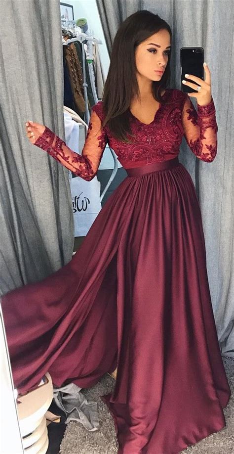 elegant burgundy satin prom dress with lace appliques chic v neck long sleeves burgundy party