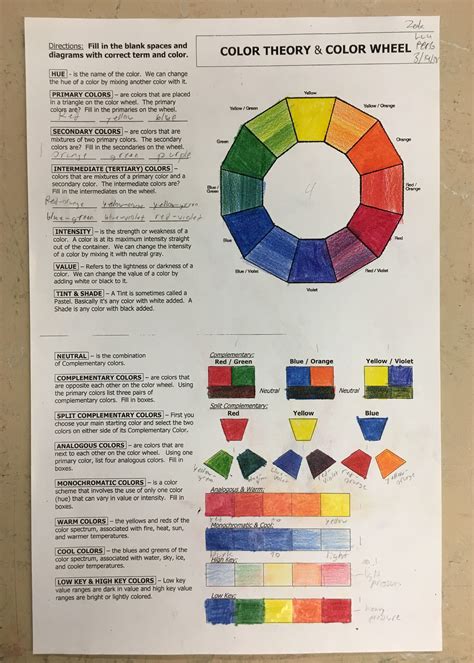 Sample Worksheet From A High School Art Student Color Theory Lesson