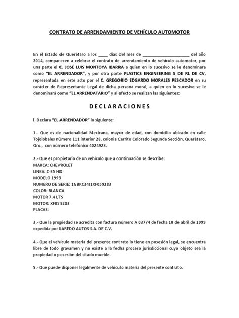 Contrato De Arrendamiento De VehÍculo Automotor Pagos Alquiler