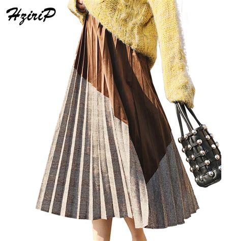 Hzirip New Winter Autumn Velvet Women Skirts Solid Preppy Style A Line Mid Calf Empire Pleated