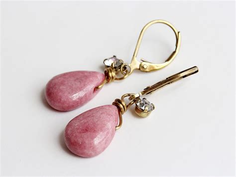 Rosy Pink Stone Dangle Earrings Smooth Rhodonite Drop By Thegoosle