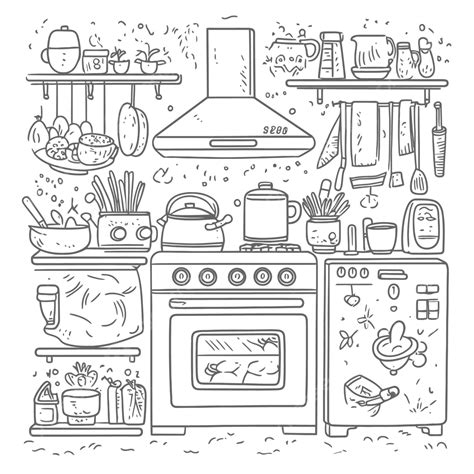 Kitchen Cooking Coloring Page Vector Outline Sketch Drawing Easy