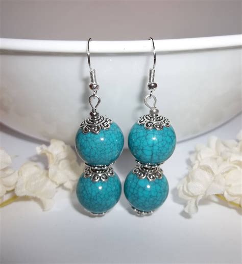Turquoise Blue Statement Earrings Jewelry Beaded Beads Dangle Handmade