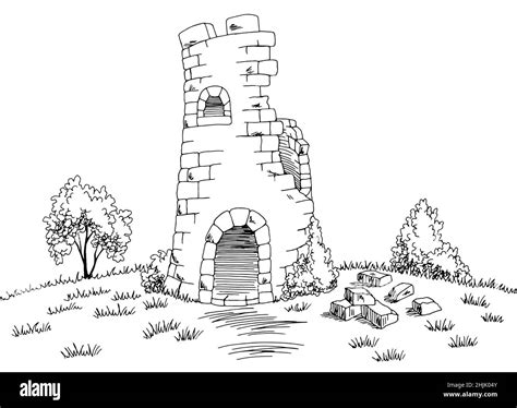Ruined Tower Medieval Graphic Black White Sketch Illustration Vector