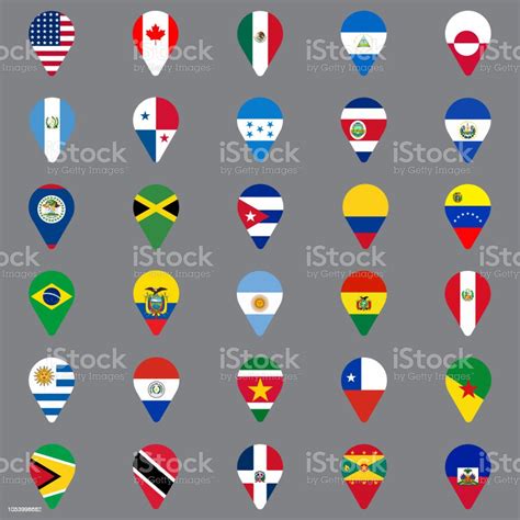 Set Of Thirty Geolocation Icons Flags Of North And South American