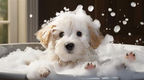 Premium Ai Image Baby Puppy Dog Taking A Bath Full Of Soap Foam Ai
