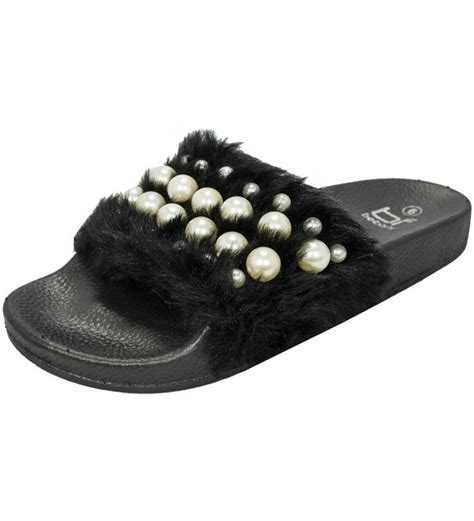 Womens Embellished Faux Fur Pearl Slipper Slide Sandal Black