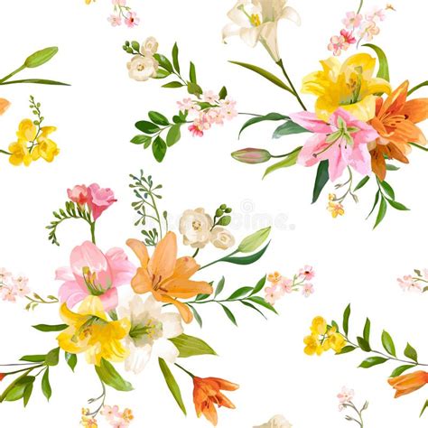 Vintage Spring Flowers Background Seamless Floral Lily Pattern Stock