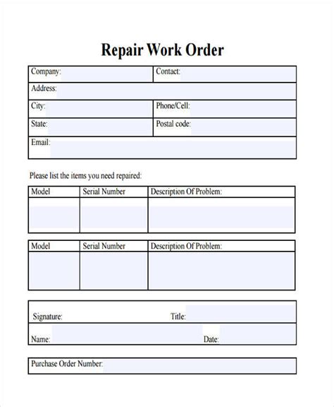 Printable Day Repair Order Forms Printable Forms Free Online