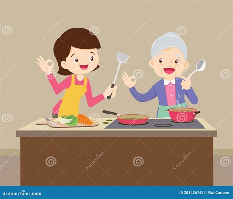 Lovely Grandmother And Woman Cooking In Kitchen Okay Gesture Stock Vector Illustration Of