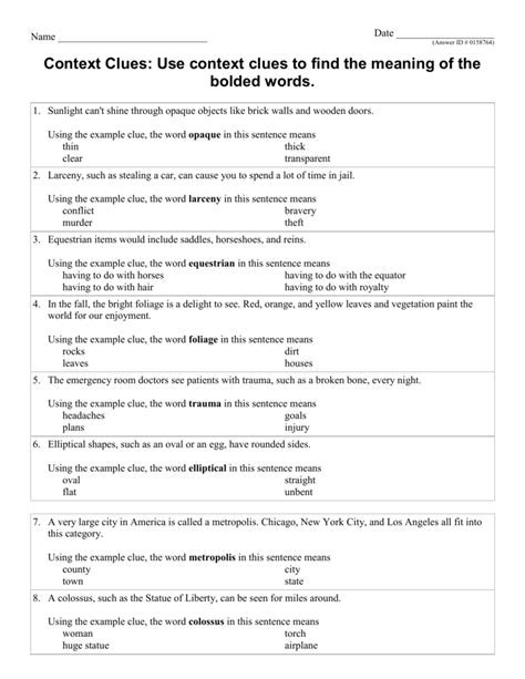 Types Of Context Clues Worksheets With Answers Free Printable Worksheet