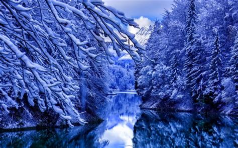 Download Wallpapers Winter 4k Blue River Snowdrifts Forest