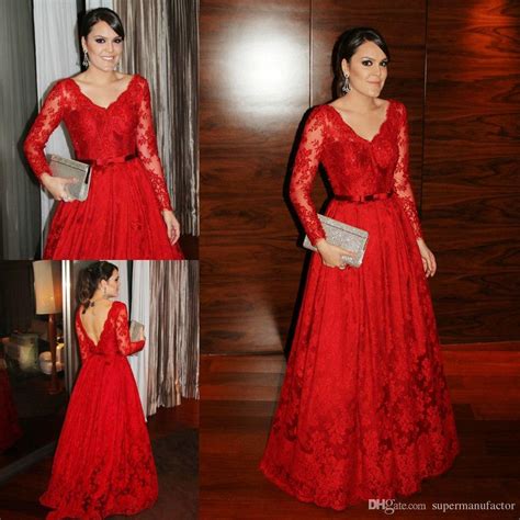 2015 Red Lace Prom Dresses Long Sleeve Floor Length V Neck