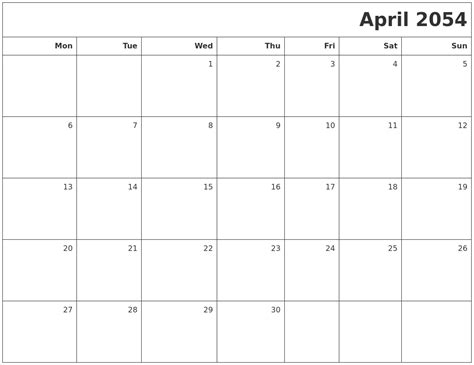 April 2054 Printable Blank Calendar