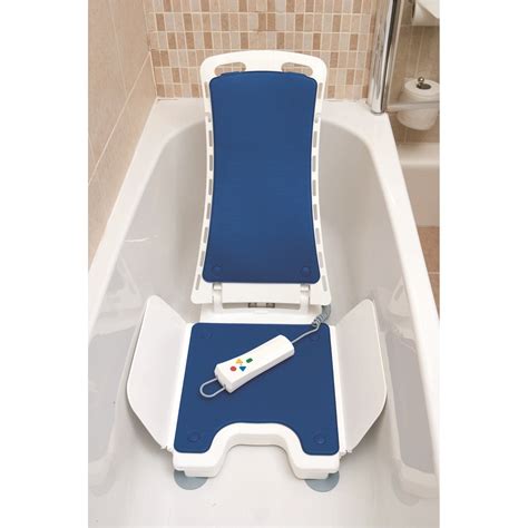 Since the shower/bath transfer chair tilts back, the caregiver does not need to lift the patient's legs over the tub. Bellavita Ultra- Compact Bath Lift.