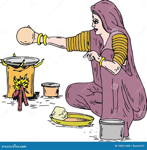 Indian Village Woman Cooking Food On Wood Fire Stock Illustration Illustration Of India Woman