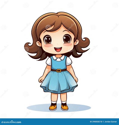 Cartoon Girl In Blue Dress With Brown Hair Stock Illustration