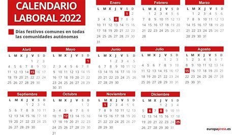 Calendario Laboral 2022 Festivos Y Puentes En España Por Comunidad