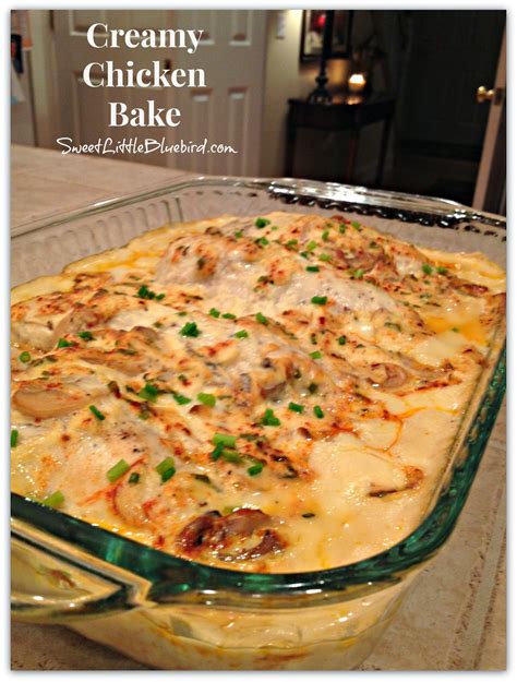 Crookneck squash, cream of chicken soup, and veggies are topped with herbed stuffing mix for a creamy, crunchy side dish casserole. Creamy Chicken Bake - Sweet Little Bluebird