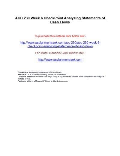 ACC 230 Week 6 CheckPoint Analyzing Statements Of Cash Flows