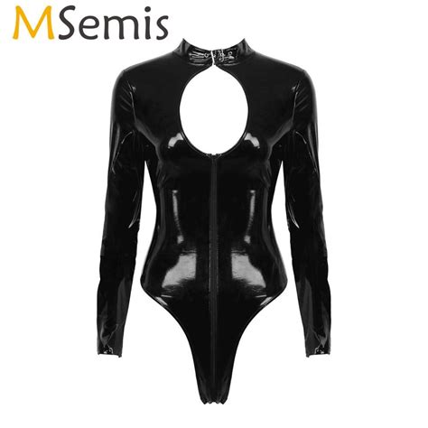 Womens Erotic Sexy Bodysuit Wet Look Patent Leather Clubwear Buckled Neck Front Cutout Double