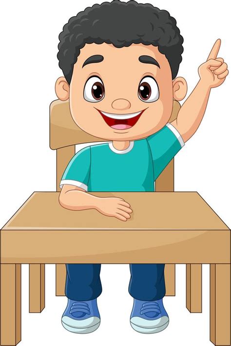 Niño Pequeño De Dibujos Animados Sentado En La Mesa Con Apuntando Hacia