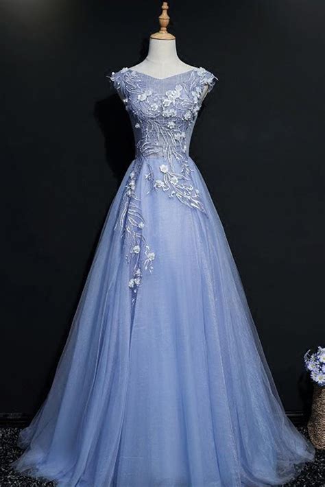 Blue Tulle V Neck Embroidery Long A Line Cap Sleeves Halter Spring Prom