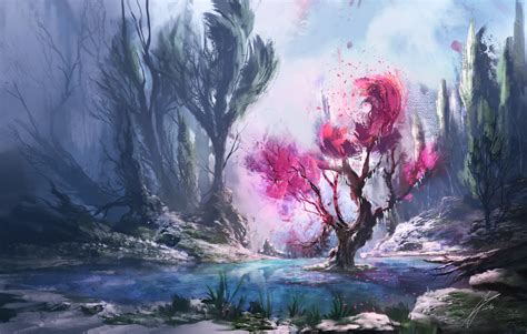 Online Crop Red Leaf Tree And River Painting Digital Art Fantasy