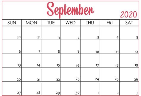 Free Blank September 2020 Calendar Printable Template