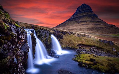 Sunset Waterfall Iceland Scenery Photo Hd Wallpaper Preview