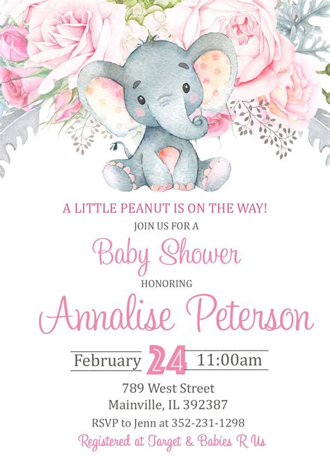 Invitación Al Baby Shower De Elephant Girl Elefante Baby Etsy España