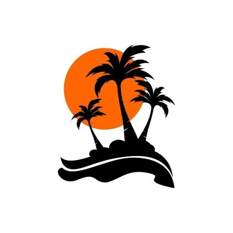 An Island With Two Palm Trees And The Sun Behind It On A White Background