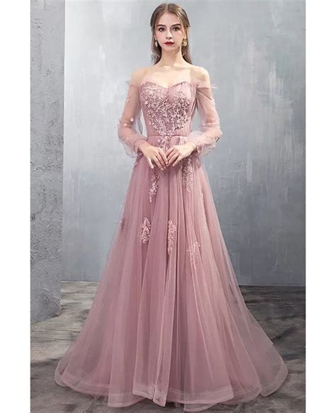 Long Tulle Rose Pink Prom Dress Off Shoulder With Appliques Dm Gemgrace Com