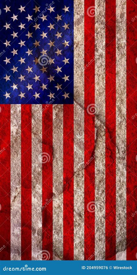 Vertical Shot Of An American Flag On A Textured Rock Background Stock