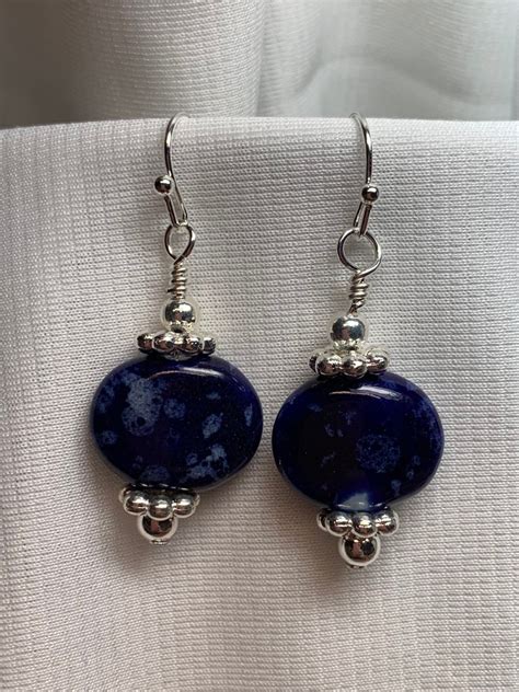 Dark Blue Stone On Dangle Earring With Silver Accents Etsy
