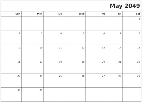 May 2049 Printable Blank Calendar