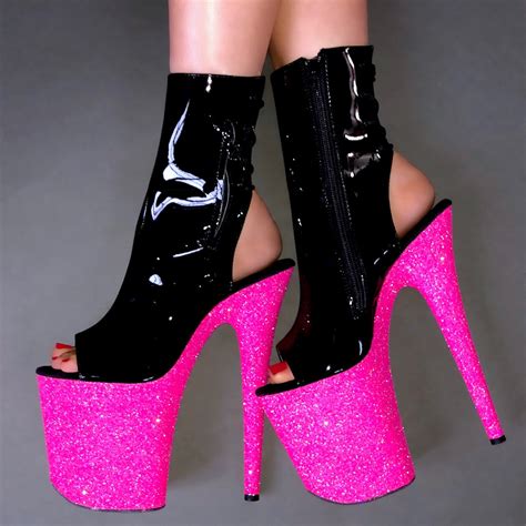 8 neon pink open toe open heel vegan ankle boot glitter heels