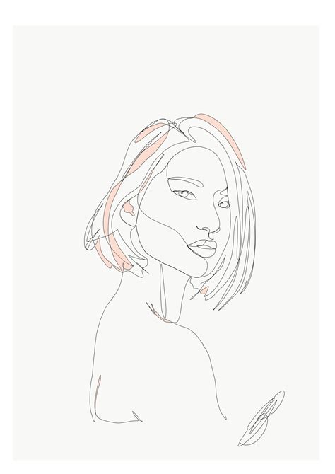 A Line Drawing Of A Woman S Face With Pink And White Lines On It