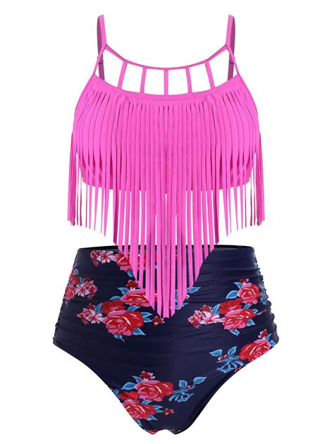 Ruched Fringed Floral High Waisted Plus Size Tankini Swimsuit 48 Off