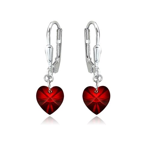 Dainty Heart Red Sterling Silver Leverback Earrings With Swarovski