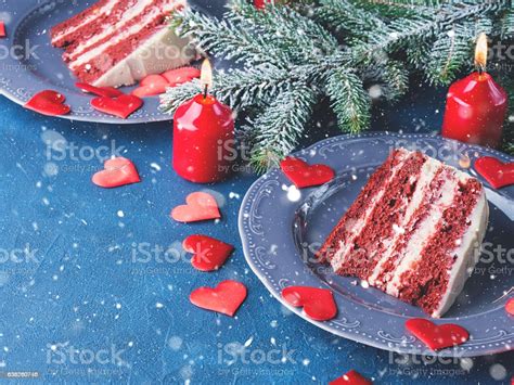 Red Velvet Cake Slice For Valentines Day Dessert Stock Photo Download