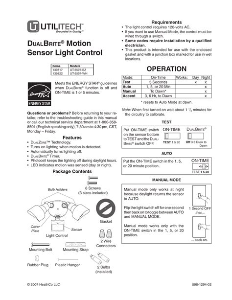 Heath Zenith Dualbrite Motion Sensor Light Control Ut 5597 Wh User