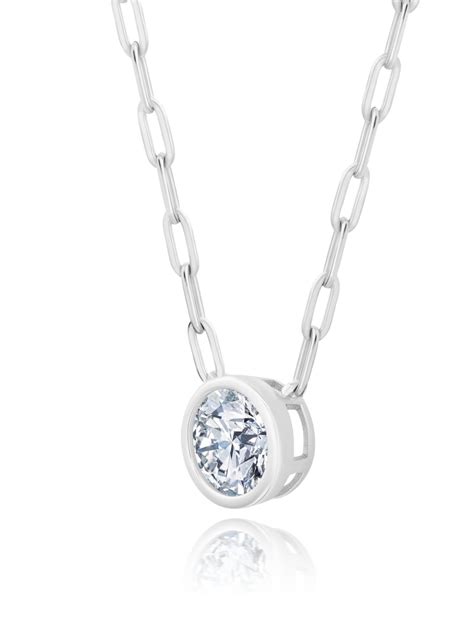 Solitaire Bezel Set Round Stud Necklace With Paperclip Style Chain