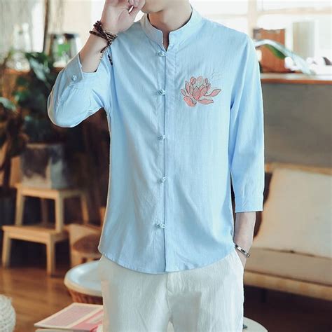 2018 Chinese Style Linen Shirt Men White Casual Three Quarter Sleeve